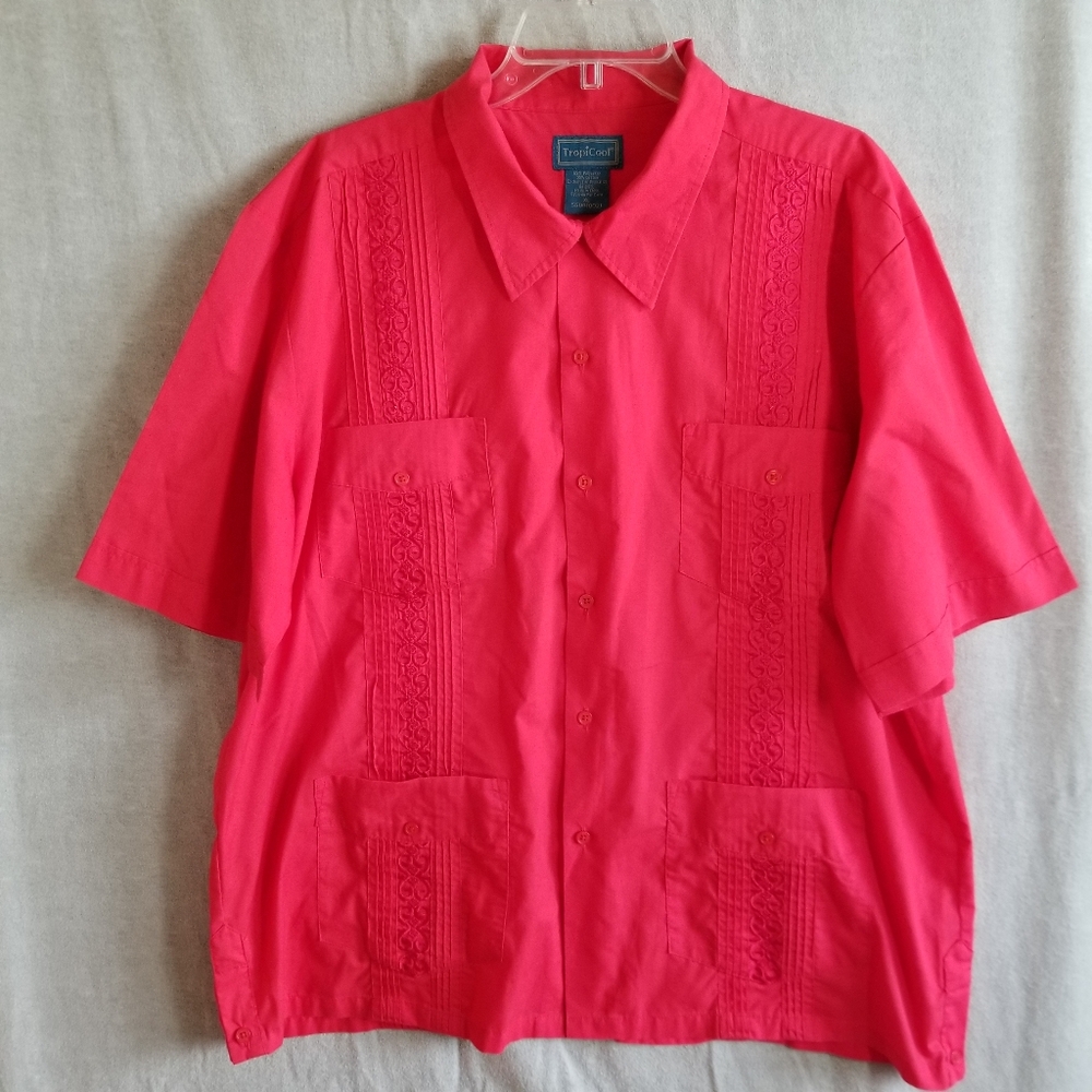 TropiCool Guayabera Shirt Men XL Cigar Old‎ Man Red Embroidery Pockets Beach